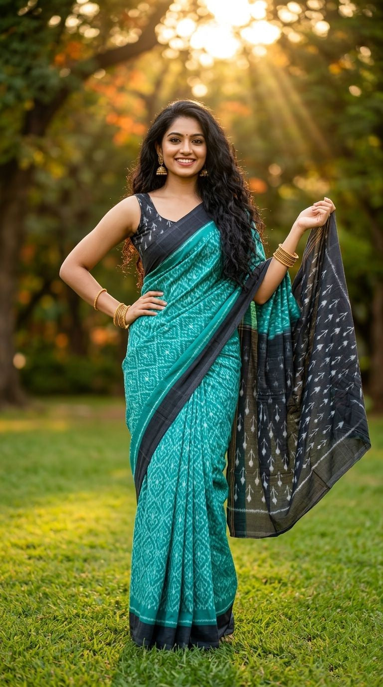 Teal and Black Woven Linen Saree with Contrast Pallu | Office Wear Saree
