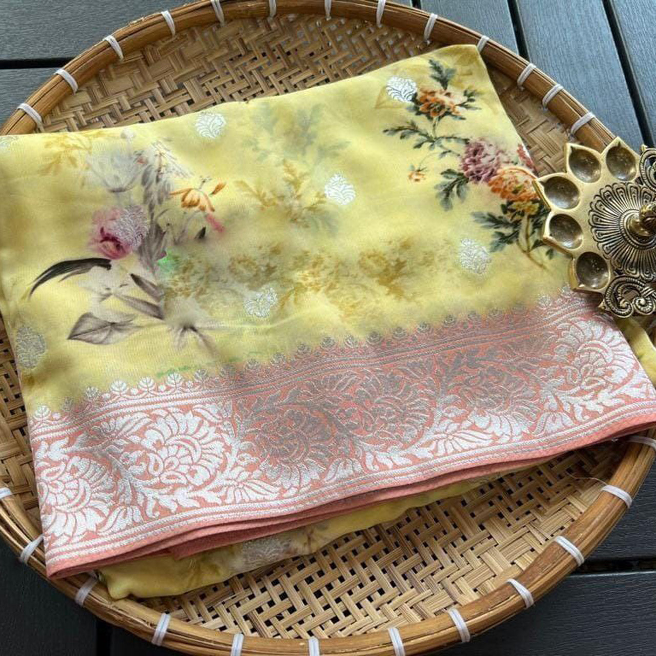 Alluring Yellow Banarasi Georgette Saree In Digital Crepe Silk