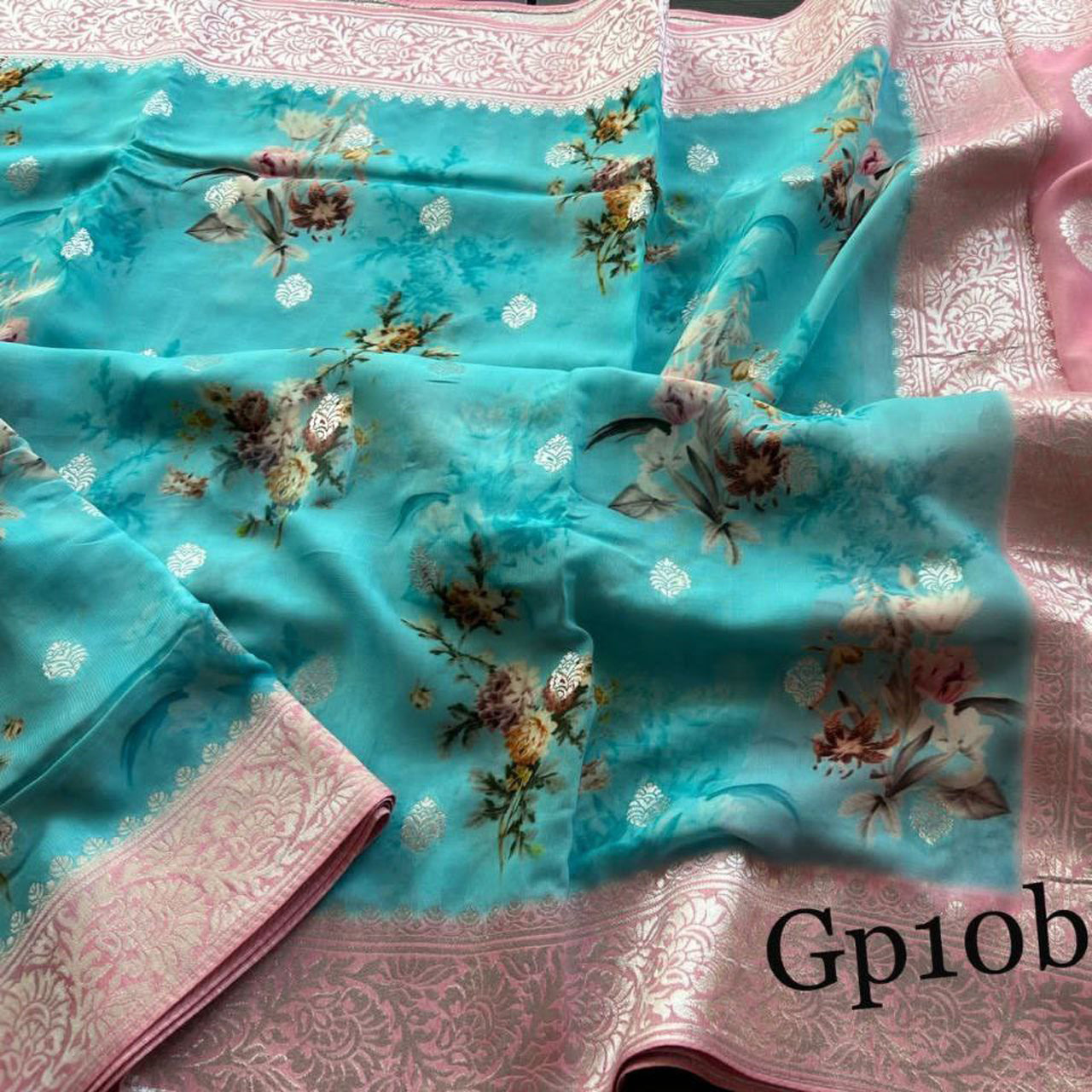 Modern Cyan Crepe Silk Saree With Banarasi Digital Woven Design