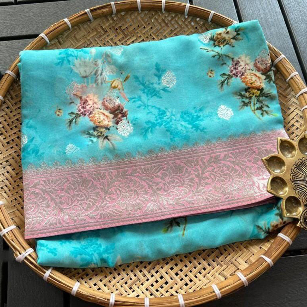 Modern Cyan Crepe Silk Saree With Banarasi Digital Woven Design