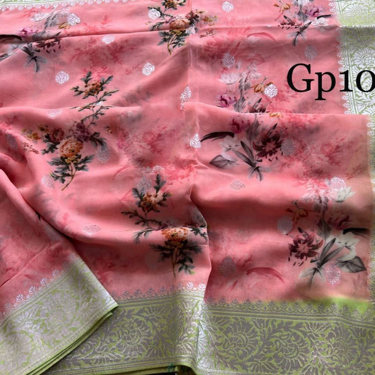 Luxury Pink Digital Printed Banarasi Silk Saree On Georgette Crepe
