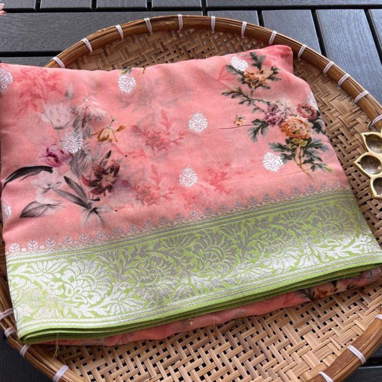 Luxury Pink Digital Printed Banarasi Silk Saree On Georgette Crepe