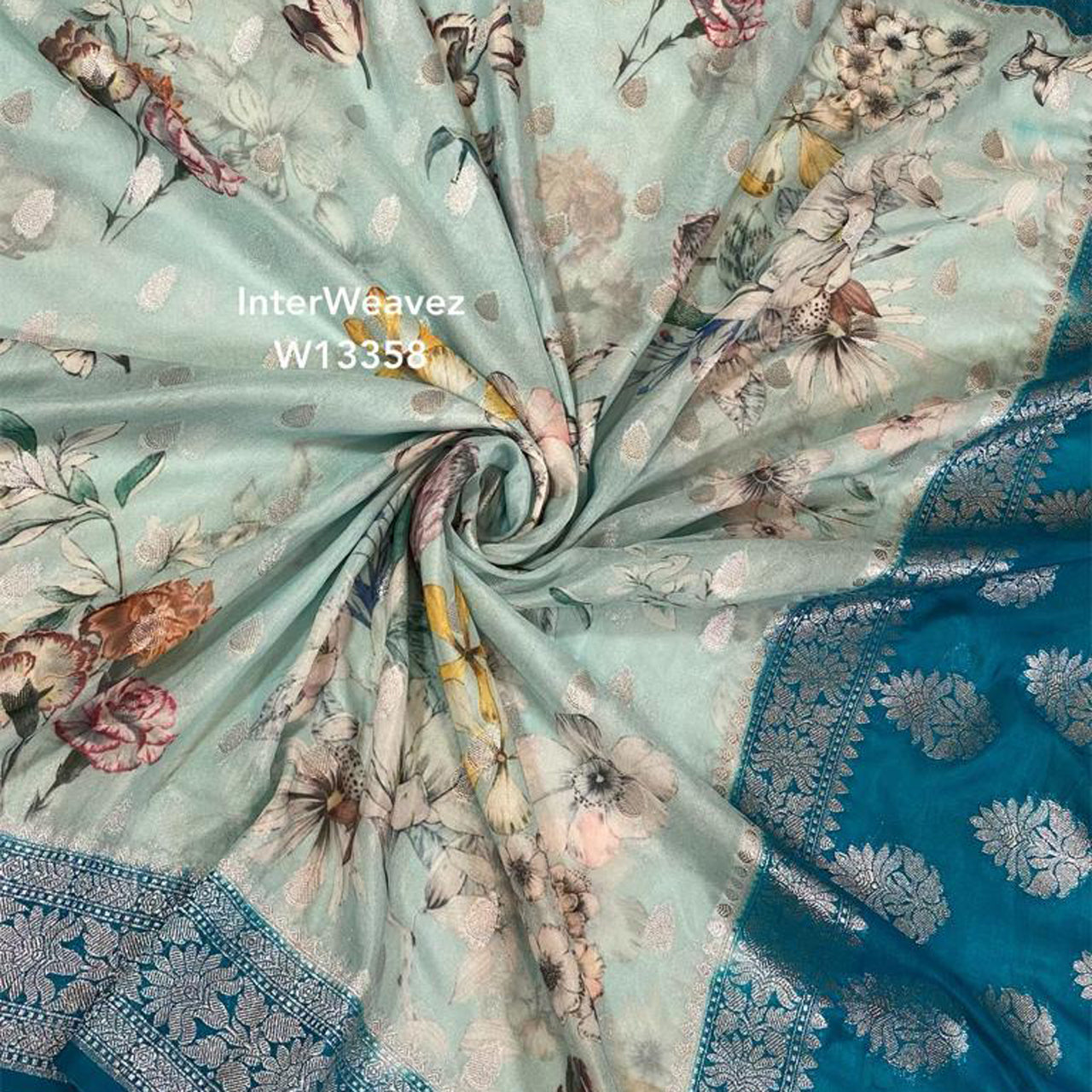 Vibrant Light Cyan Banarasi Inspired Digital Print Crepe Silk Saree
