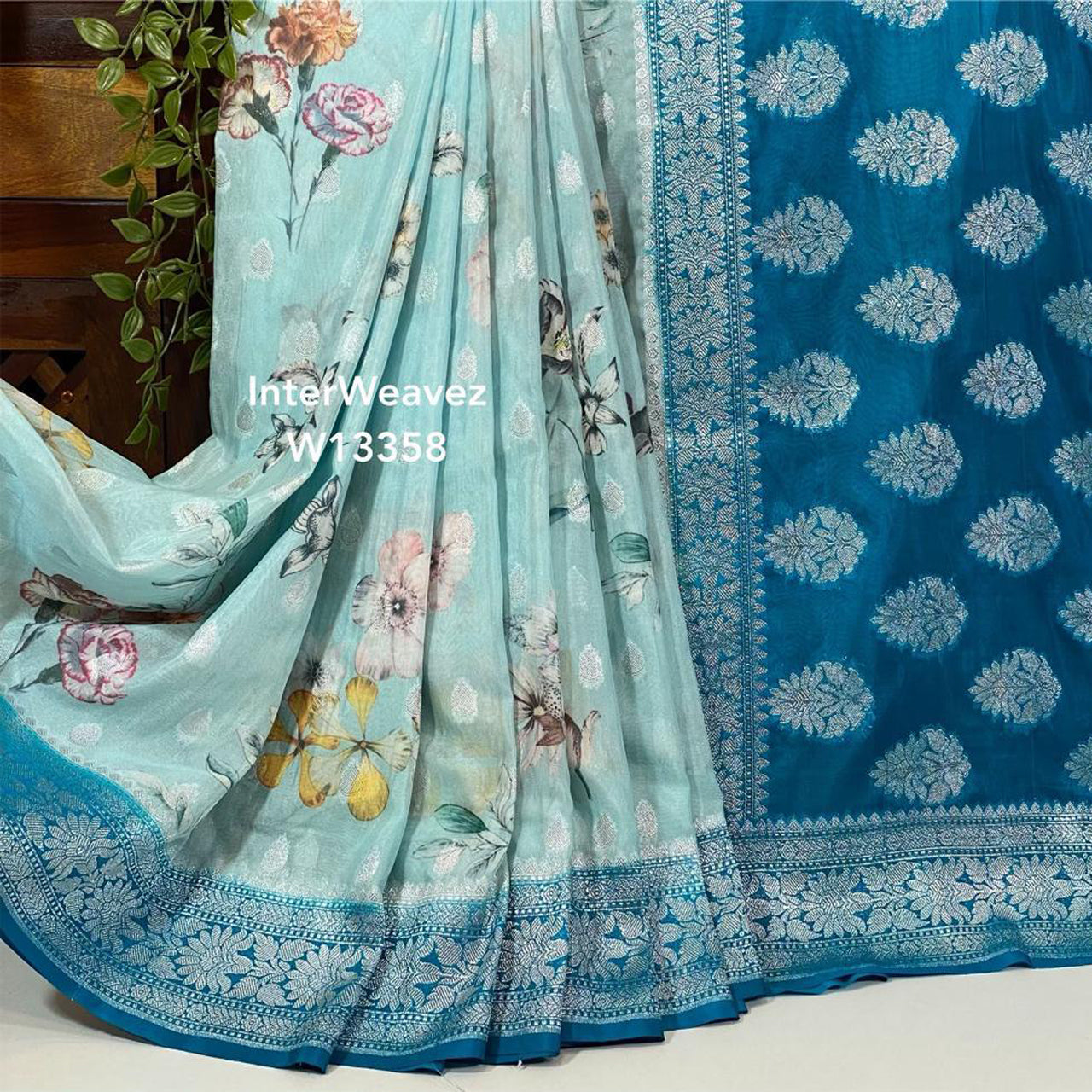 Vibrant Light Cyan Banarasi Inspired Digital Print Crepe Silk Saree