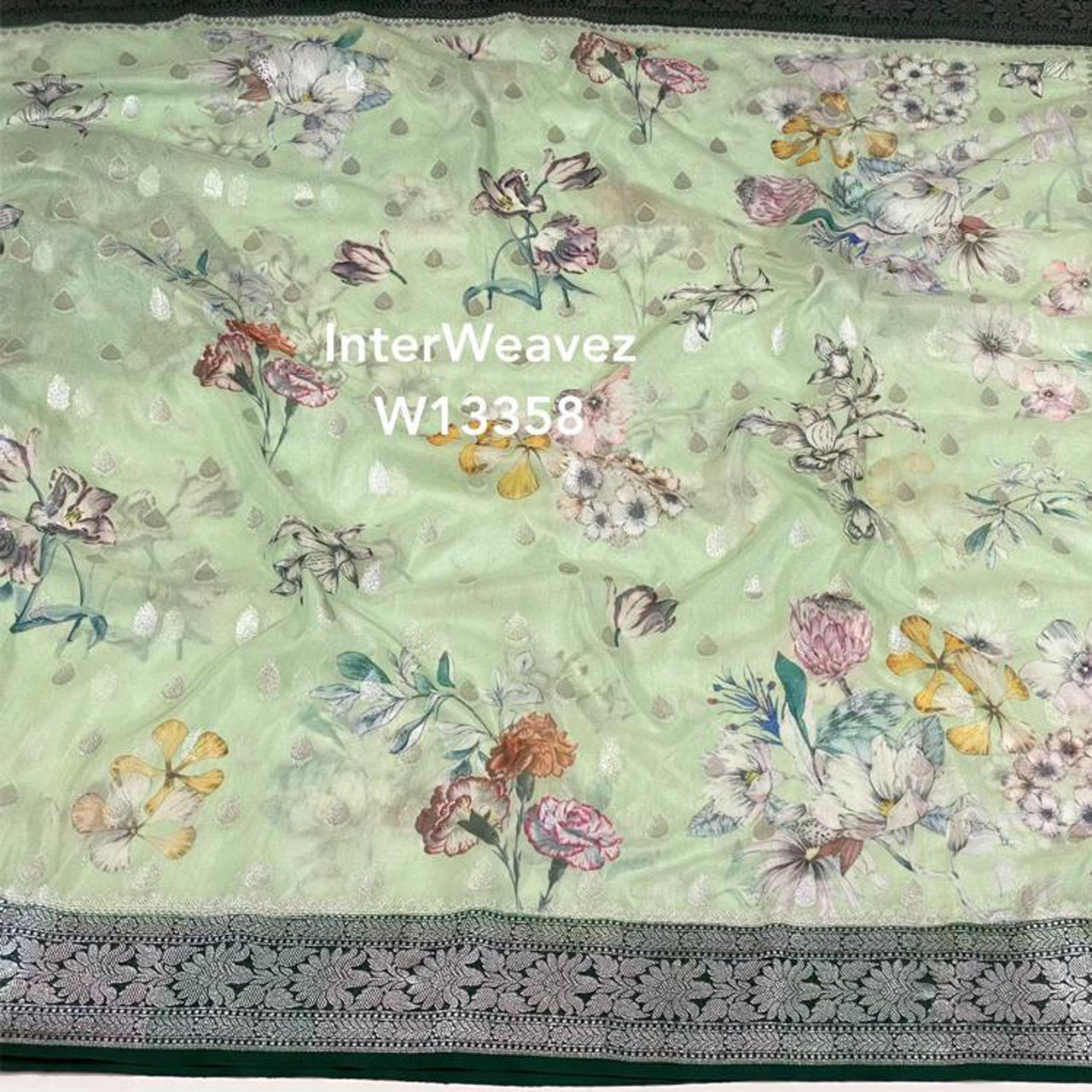 Contemporary Sea Green Banarasi Georgette Saree With Digital Print Design