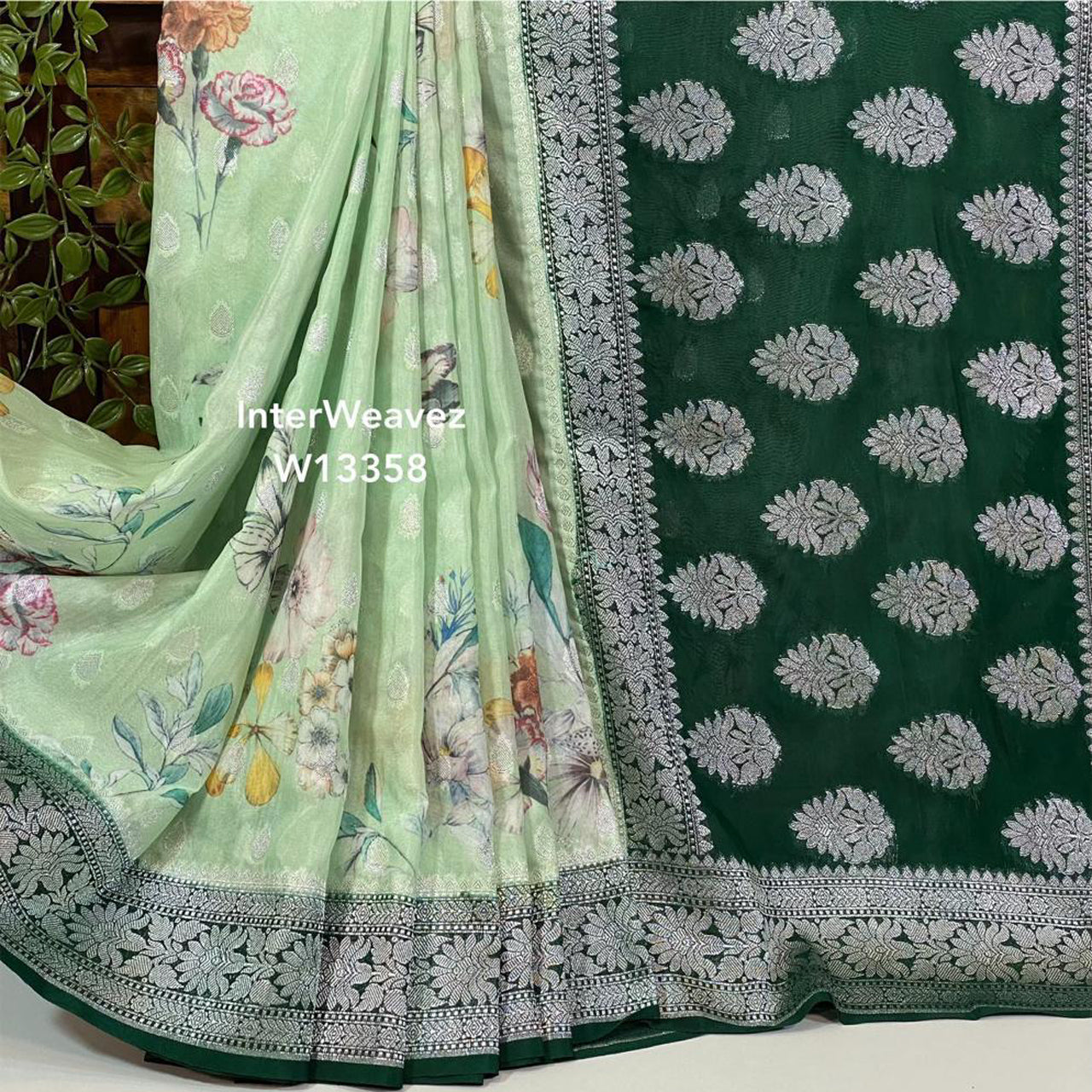 Contemporary Sea Green Banarasi Georgette Saree With Digital Print Design