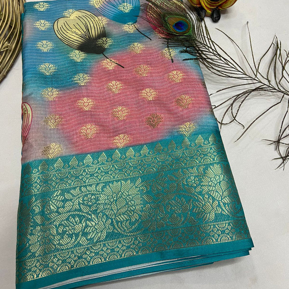 Teal Blue Digital Print With Weaving Work Crepe Georgette Fabric Saree