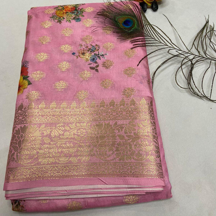 Pink Crepe Georgette Fabric Digital Printed Saree With Fancy Blouse