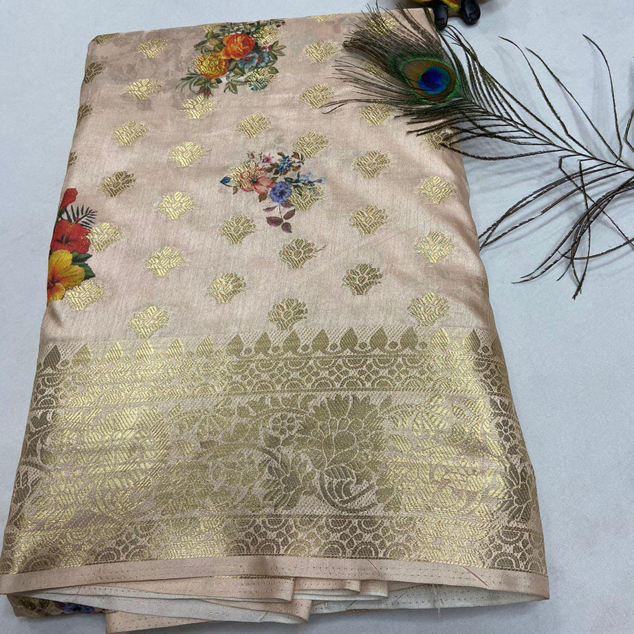 Beautiful Beige Color Crepe Georgette Fabric Digital Printed Function Wear Saree With Fancy Blouse