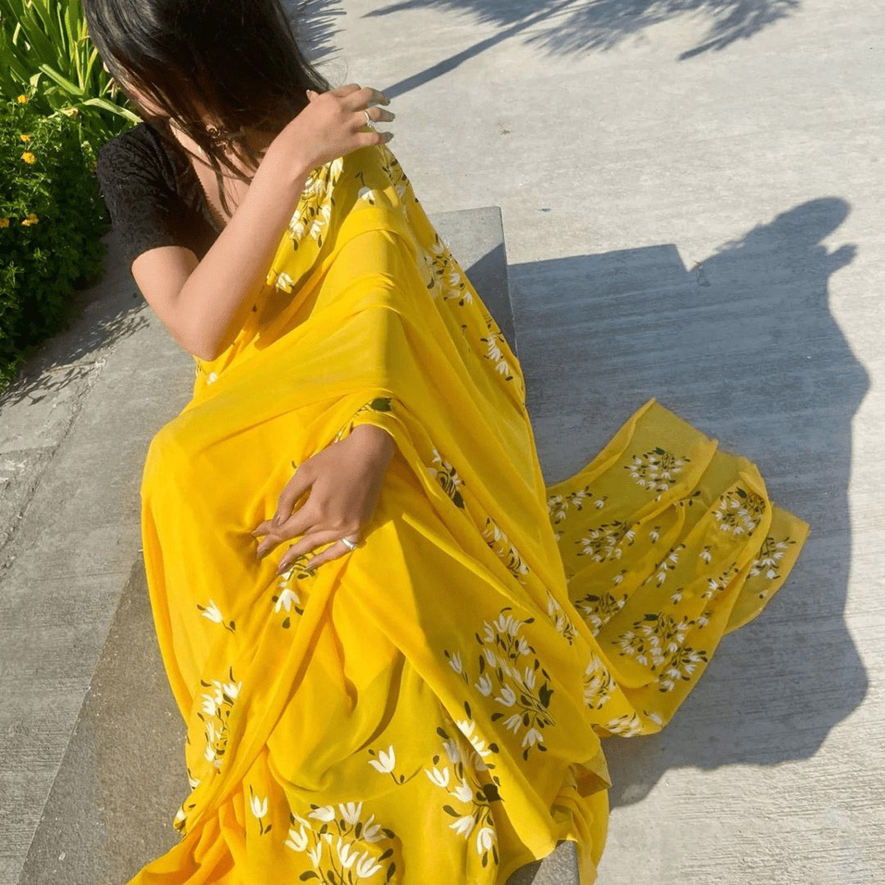 Yellow Georgette Saree Fresh Floral Digital Print For Office And Festive Wear