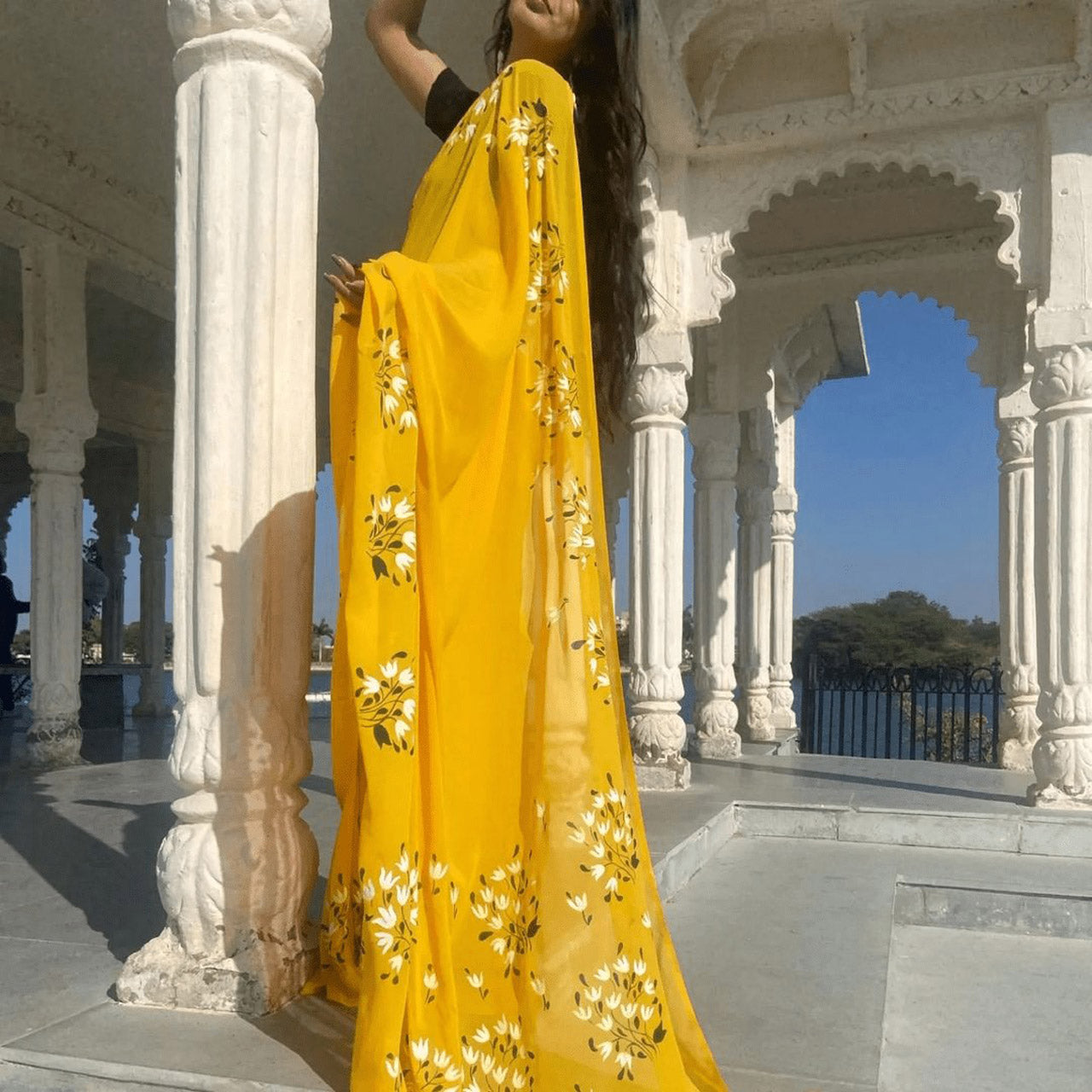 Yellow Georgette Saree Fresh Floral Digital Print For Office And Festive Wear
