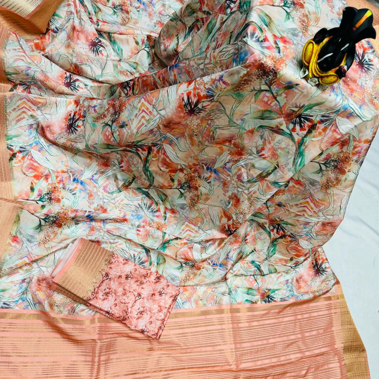 Printed Orange Saree For Office And Casual Outings