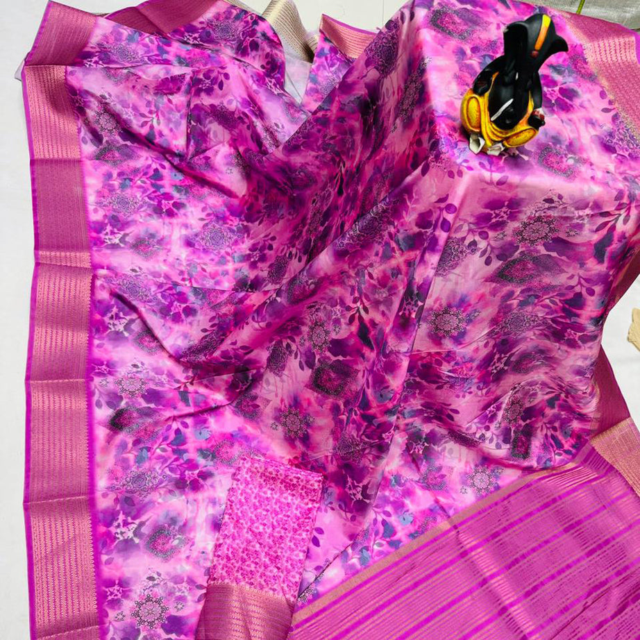 Magenta Pink Butter Silk Fabric Digital Print Saree