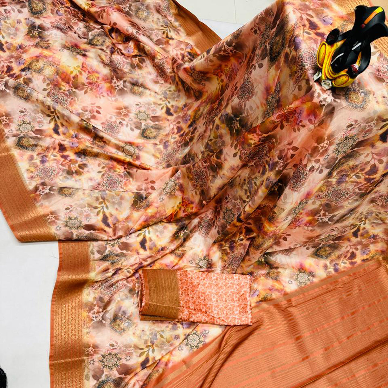 Vibrant Brown Digital Printed Saree In Butter Silk