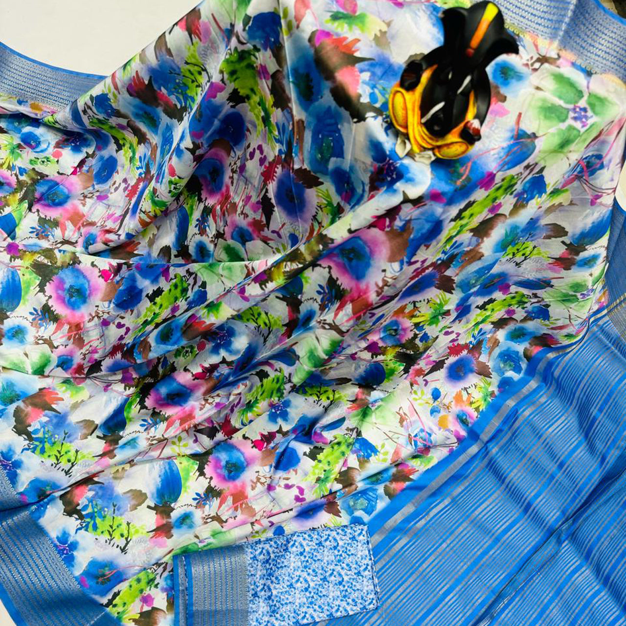 Casual Designer Blue Silk Saree With Print