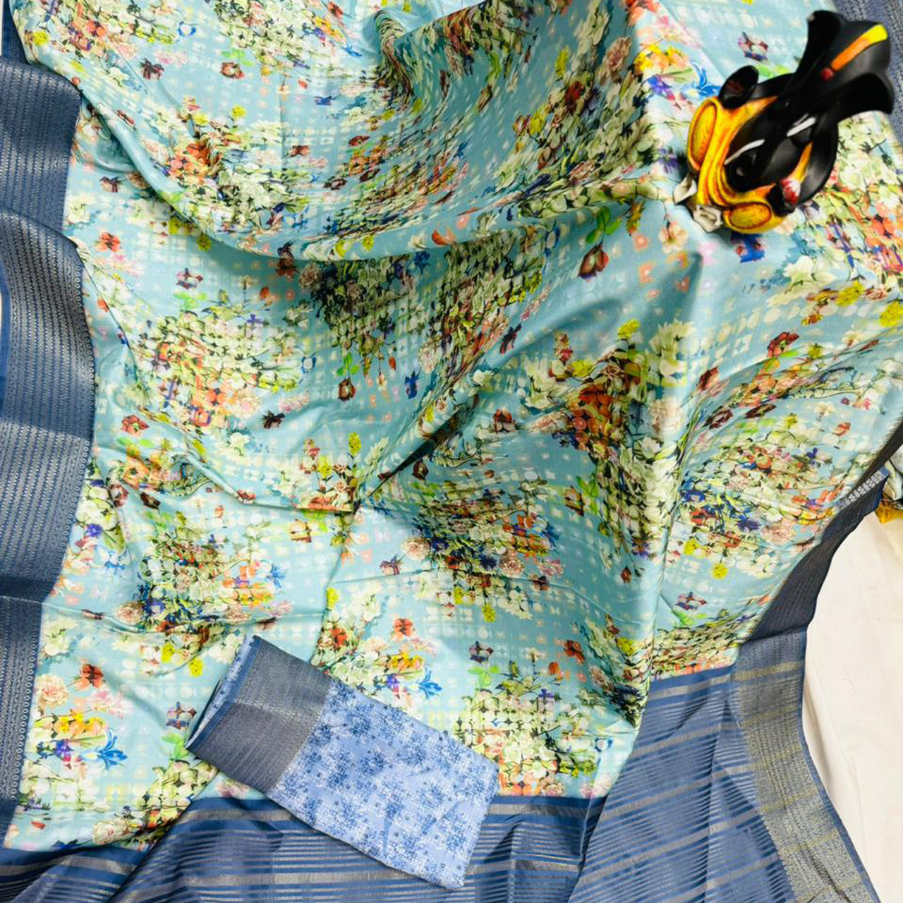 Smooth Butter Silk Printed Saree Blue Ethnic Design
