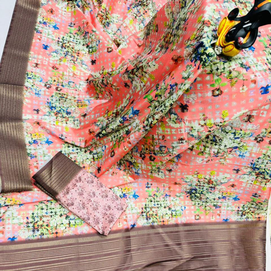 Peach Color Digital Printed Butter Silk Fabric Fancy Saree