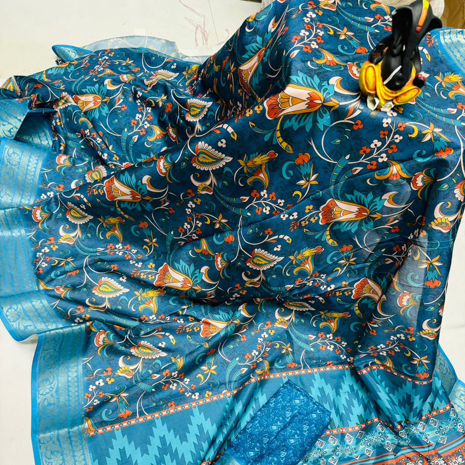 Teal Color Butter Silk Fabric Fancy Digital Printed Casual Saree