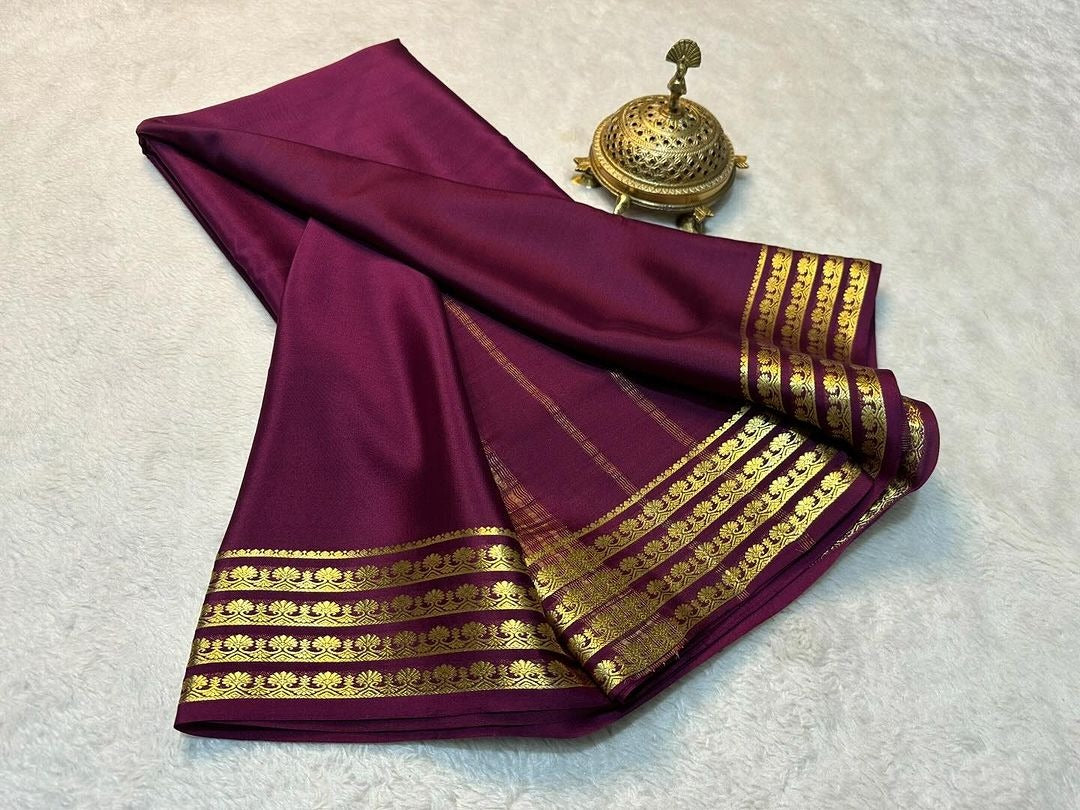Wedding Wear Purple Mysore Silk Saree With Trendy Contrast Blouse