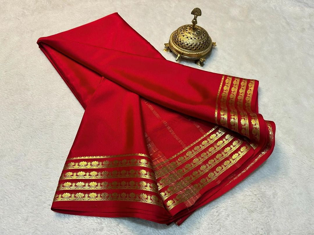 🥰 Exclusive Zari Border Orange   Plain Mysore Silk Saree.🥰