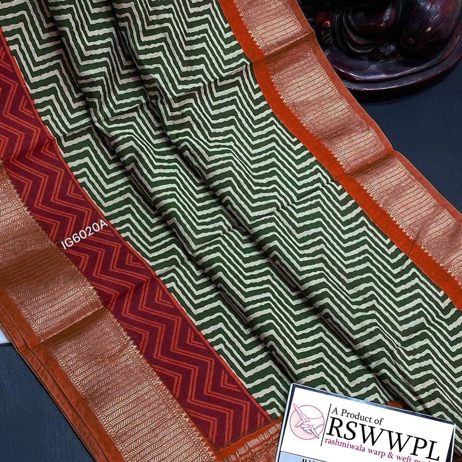 Green Printed Raw Silk Saree