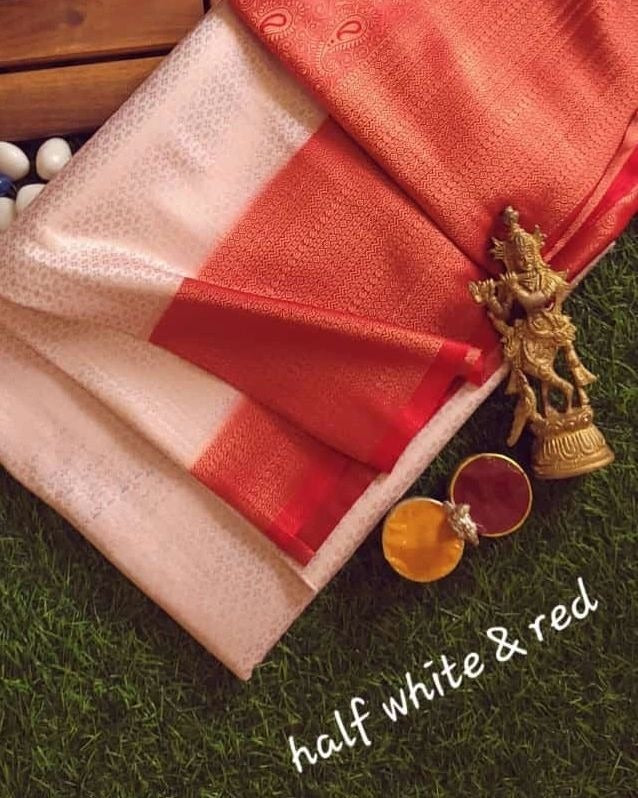White And Red Soft Silk Kanjivaram Saree With Rich Jacquard Zari Pattern