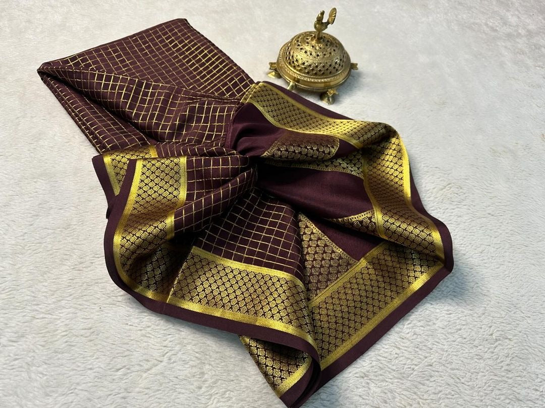 Elegant Brown Pure Mysore Soft Silk Saree With Rich Brocade Work
