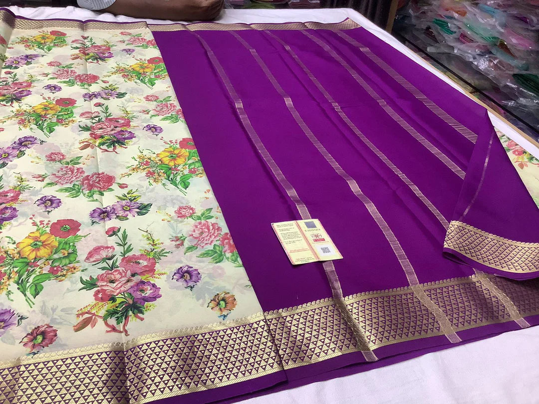 South Indian Pure Silk Saree In Crepe Weave With Printed Body And Zari Edging