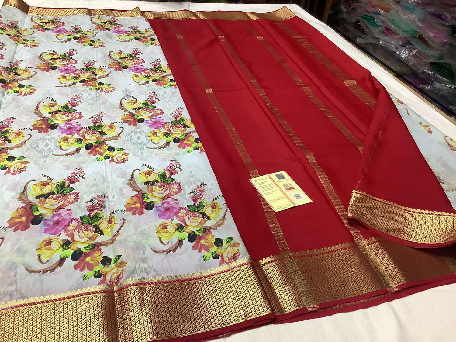 Red Pure Crepe Printed Mysore Soft Silk Saree