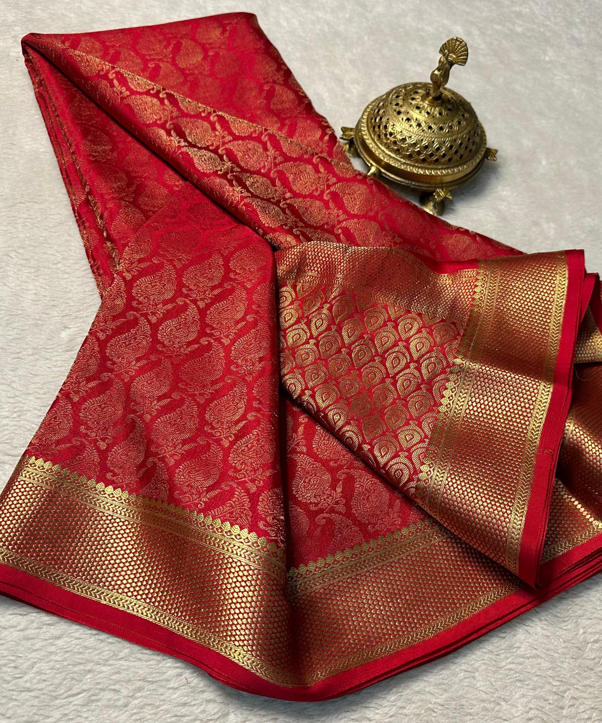Regal Mysore Brocade Silk Saree – Soft Elegance, Rich Pallu in Red