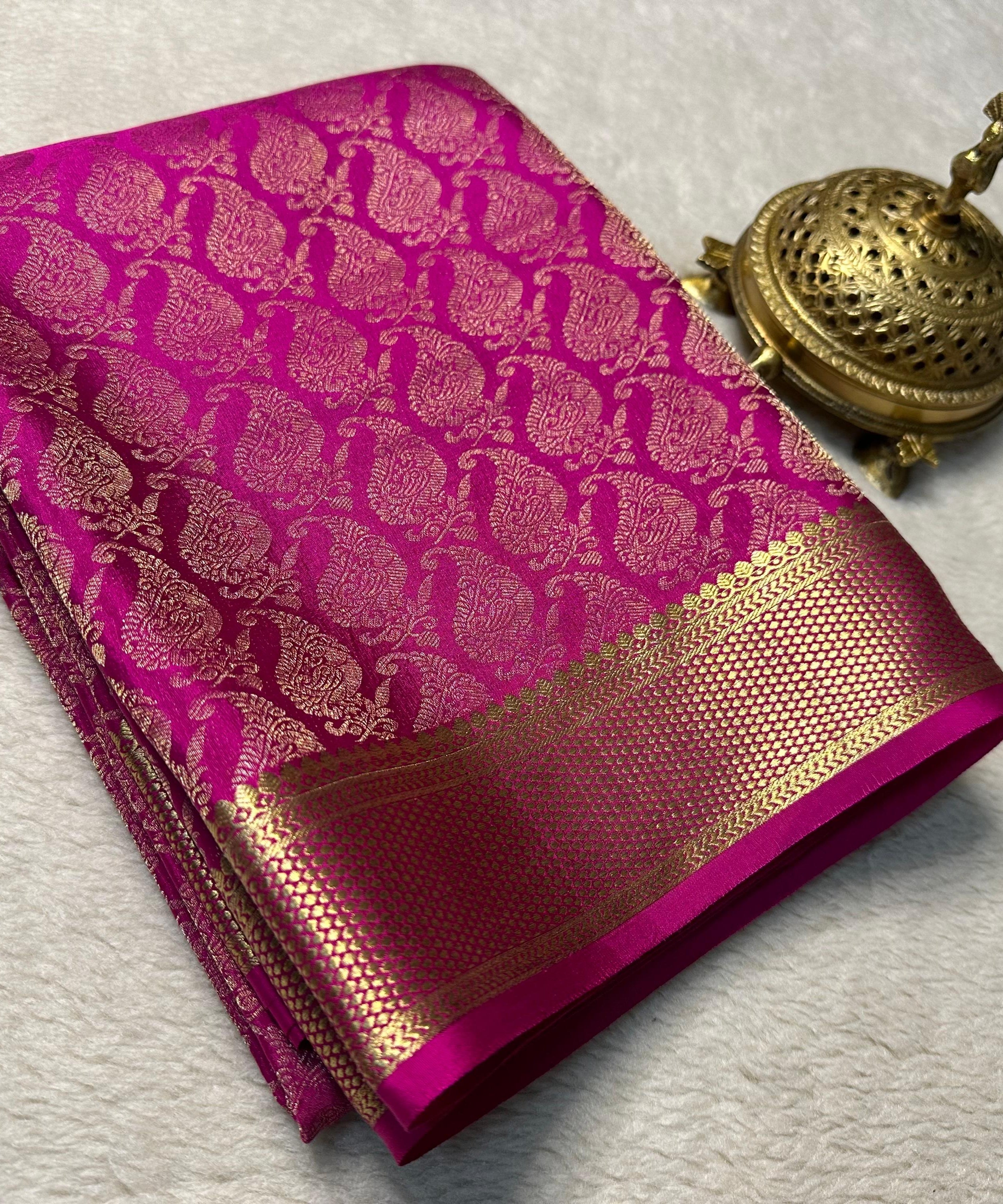 Regal Mysore Brocade Silk Saree – Soft Elegance, Rich Pallu in Pink