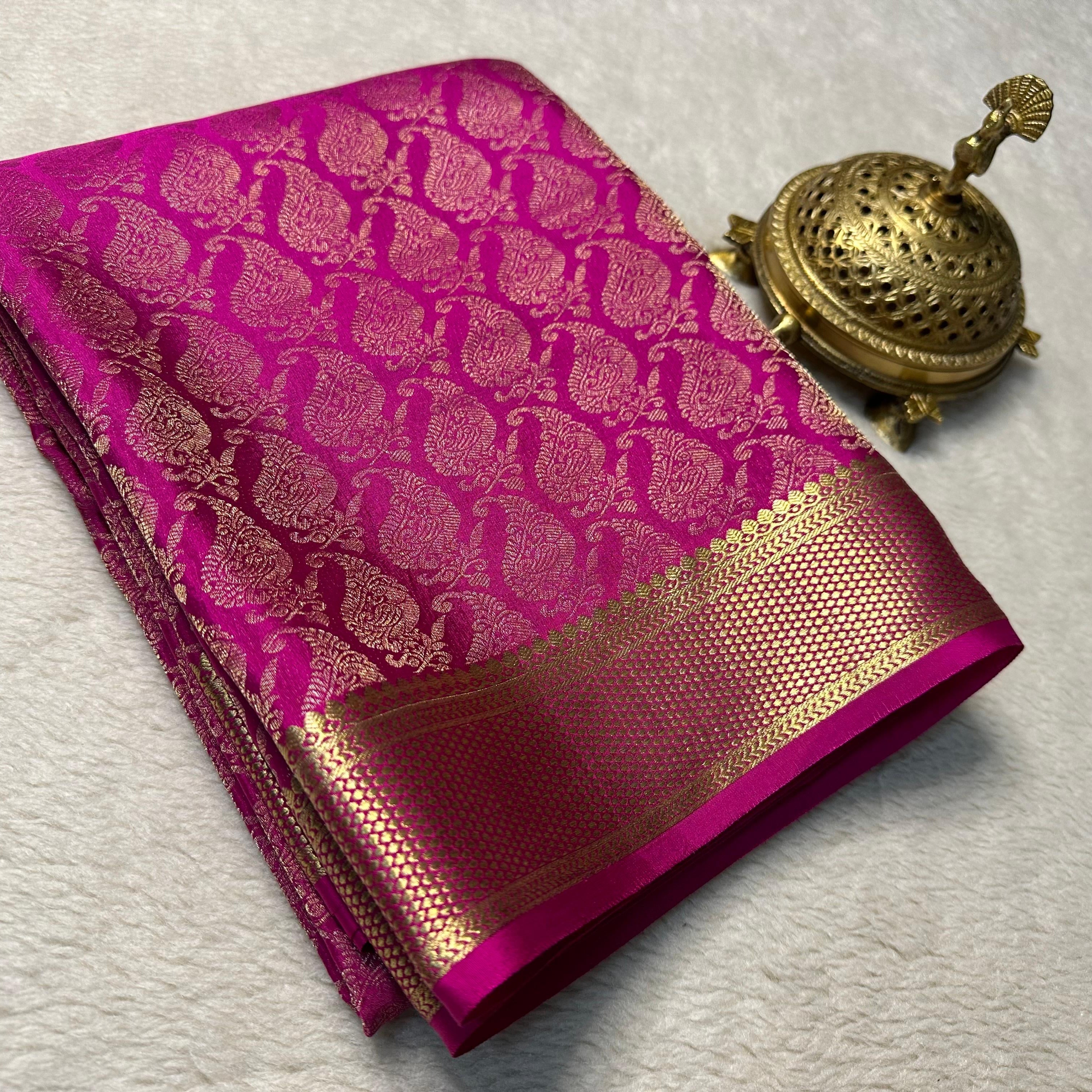 Regal Mysore Brocade Silk Saree – Soft Elegance, Rich Pallu in Pink