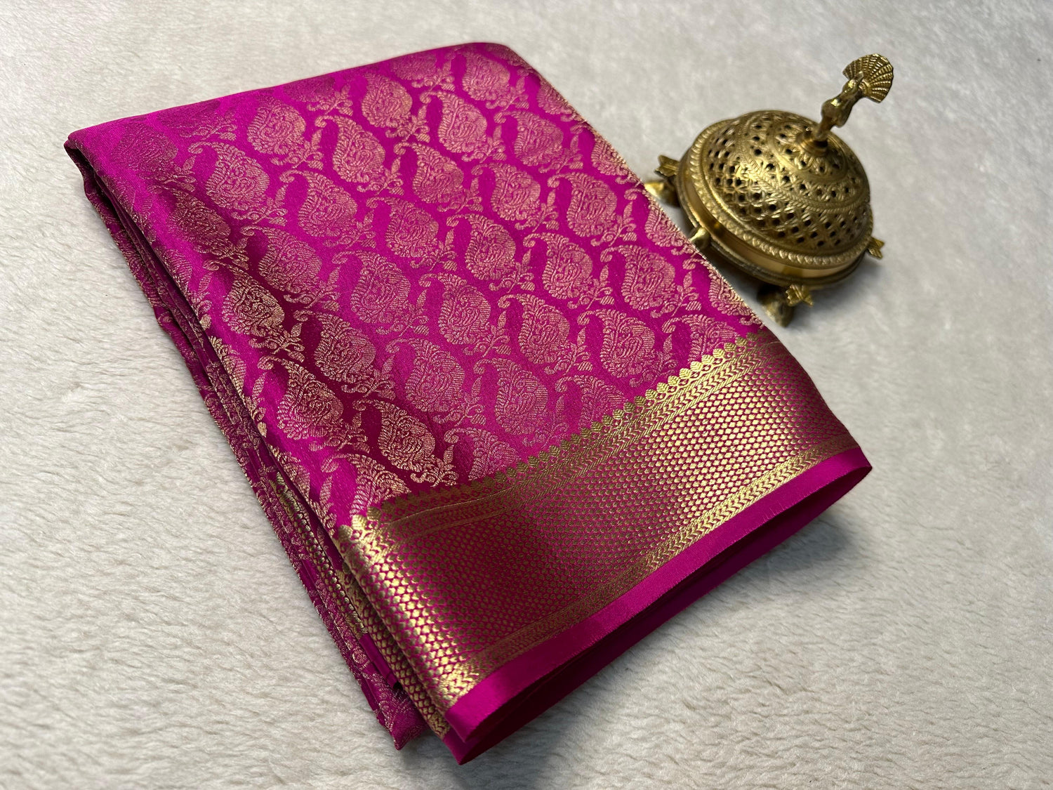 Handloom Pink Brocade Silk Saree From Mysore With Ornate Pallu Design