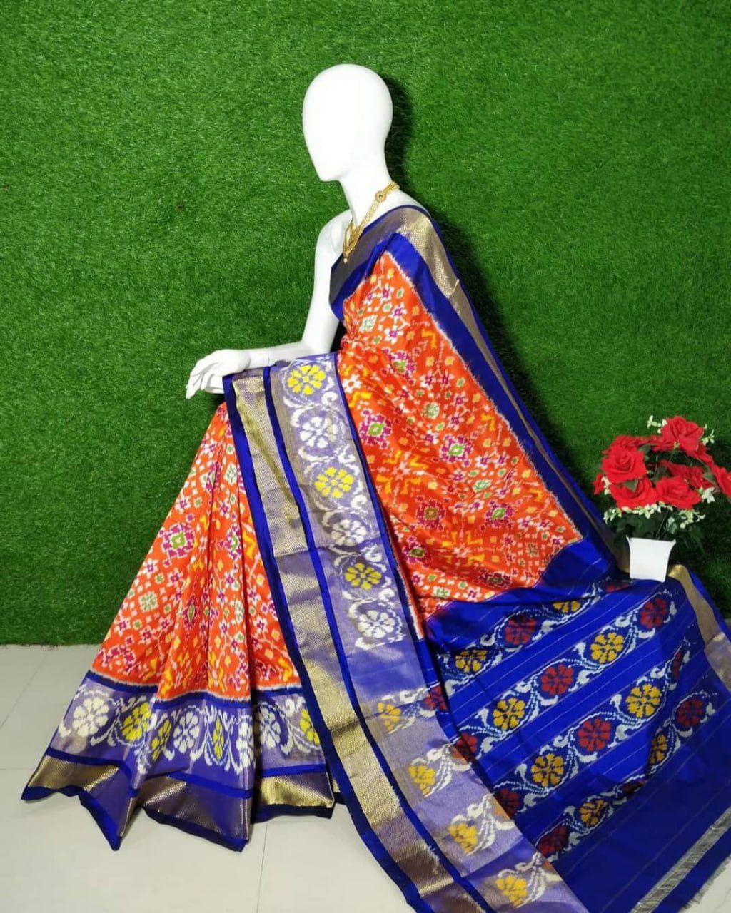 Orange And navy Ikkat Pochampally Print Pure Silk Saree