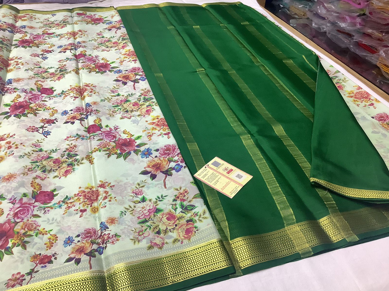 Green And White Kalamkari Print Mysore Silk Saree