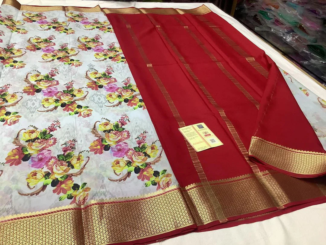 Timeless Crepe Silk Saree From Mysore With Colorful Digital Print And Zari Work