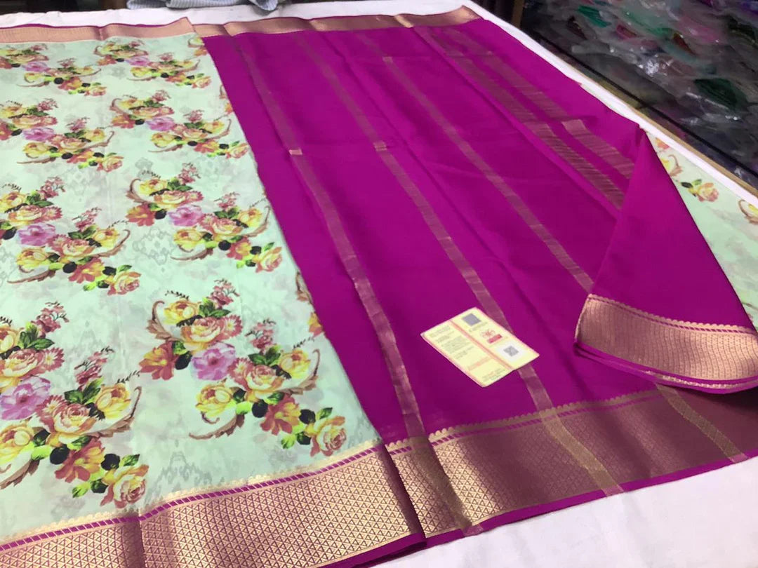 Vibrant Mysore Digital Print Saree In Pure Silk Crepe With Gold Zari Trim