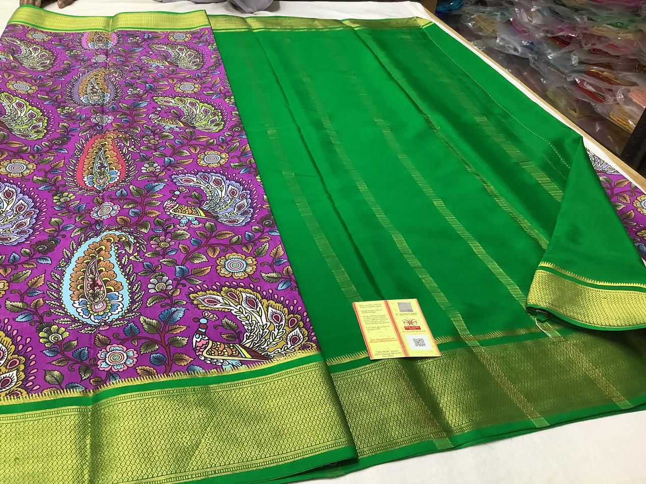 Handcrafted Mysore Crepe Silk Saree With Zari Border And Printed Detail