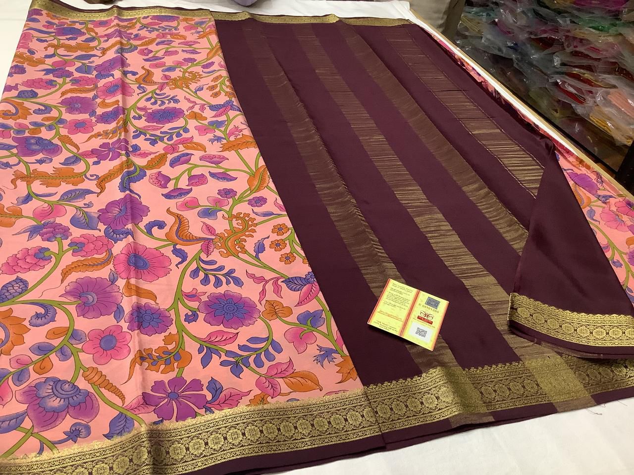 Designer Mysore Crepe Saree In Pure Silk With Elegant Digital Prints And Zari Border