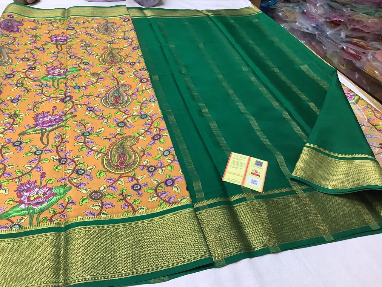 Soft Mysore Silk Saree With Crepe Texture, Printed Design And Zari Work