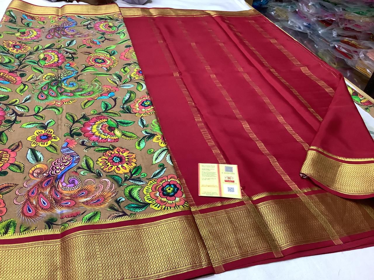 Mysore Pure Silk Printed Crepe Saree With Classic Gold Zari Border