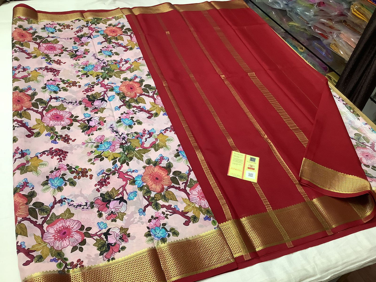Graceful Digital Print Silk Crepe Saree With Traditional Zari Border Work