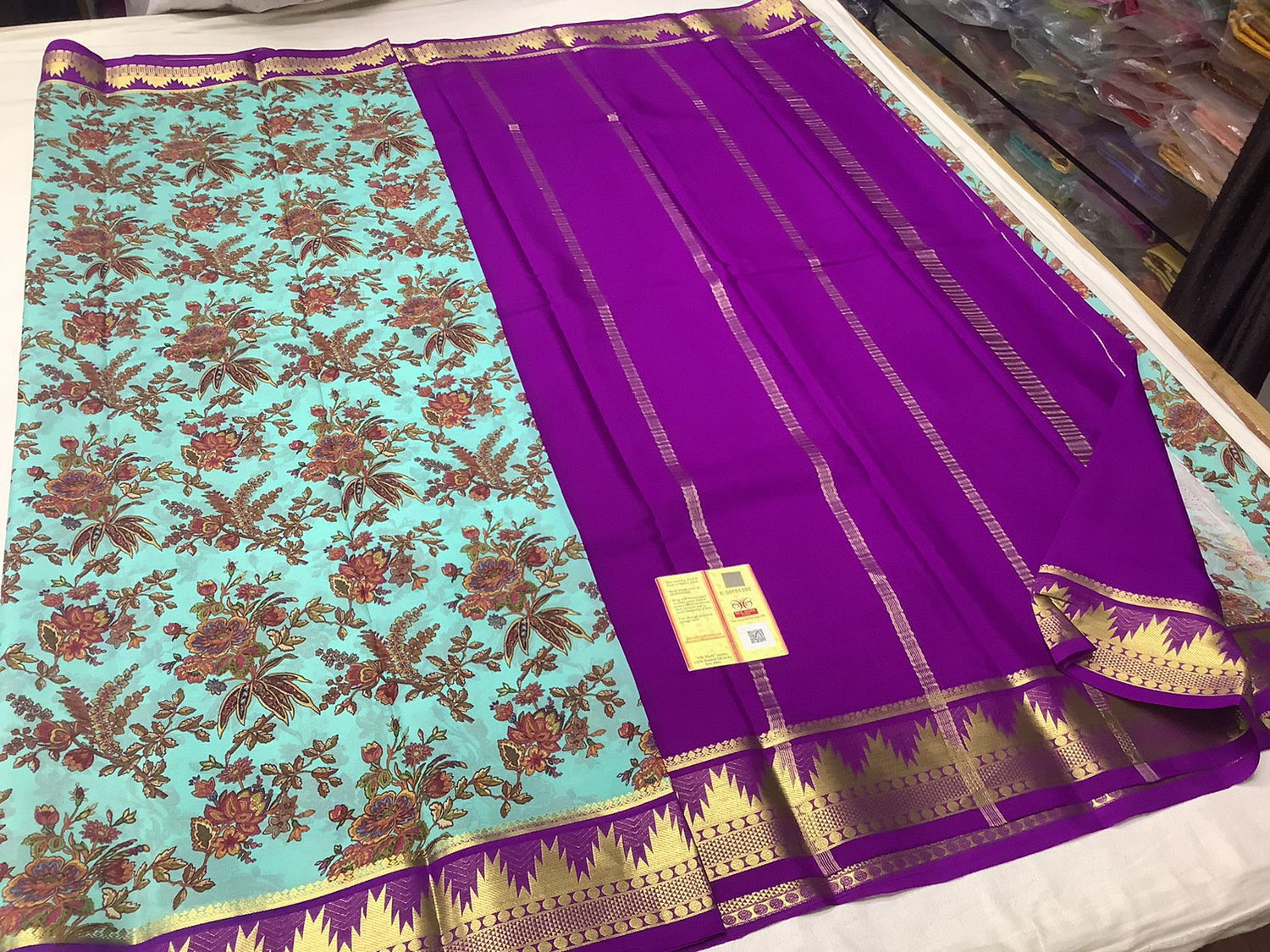 Authentic Mysore Crepe Silk Saree With Traditional Digital Patterns And Zari Edge