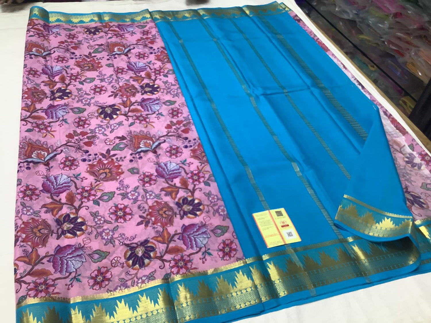 Festive Wear Mysore Silk Saree In Crepe With Zari Trim And Digital Print