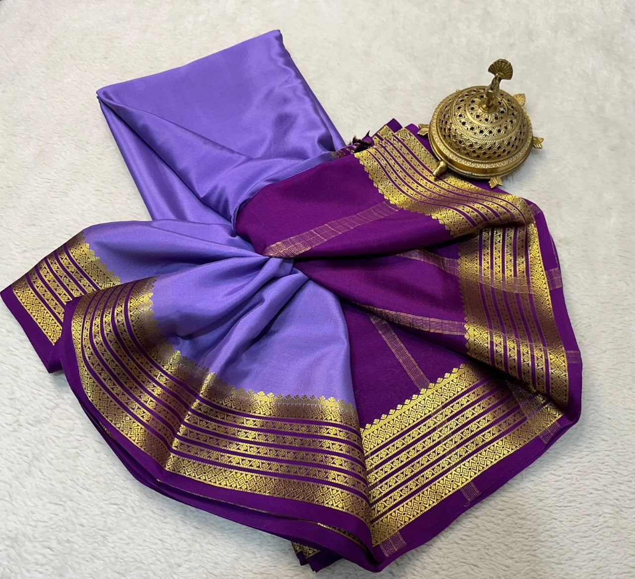 Soft Pure Mysore Silk Saree In Purple With Zari Border Work