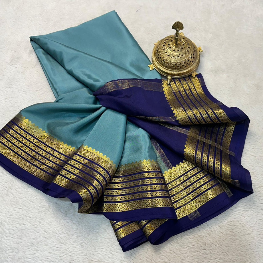 Exquisite Pure Mysore Silk Saree with Luxurious Rich Pallu in Pastel Blue