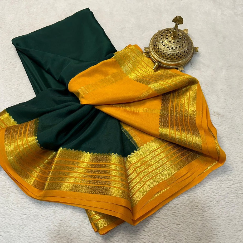 Exquisite Pure Mysore Silk Saree with Luxurious Rich Pallu in Dark Green