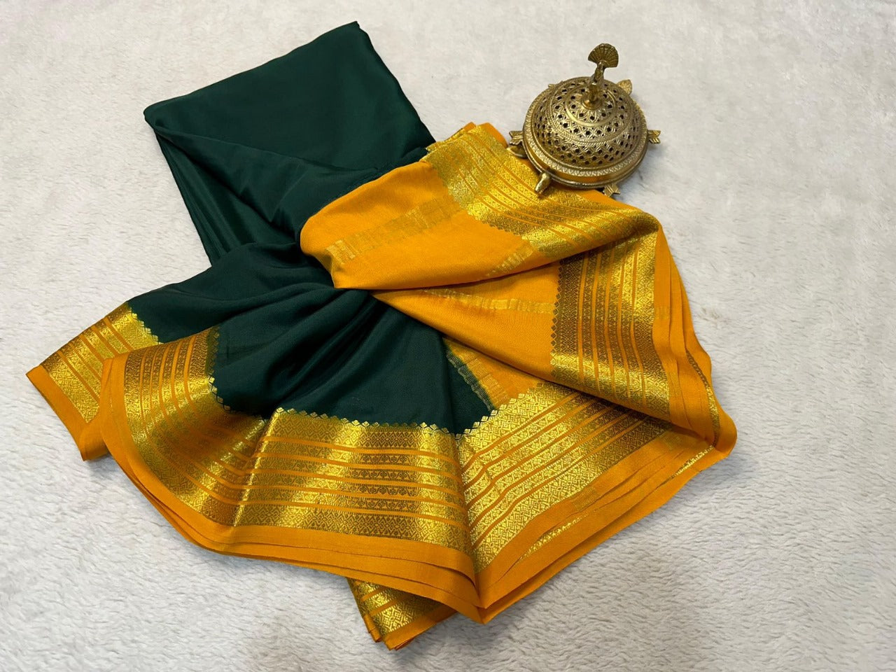 Dark Green Mysore Brocade Silk Saree With Antique Style Rich Pallu