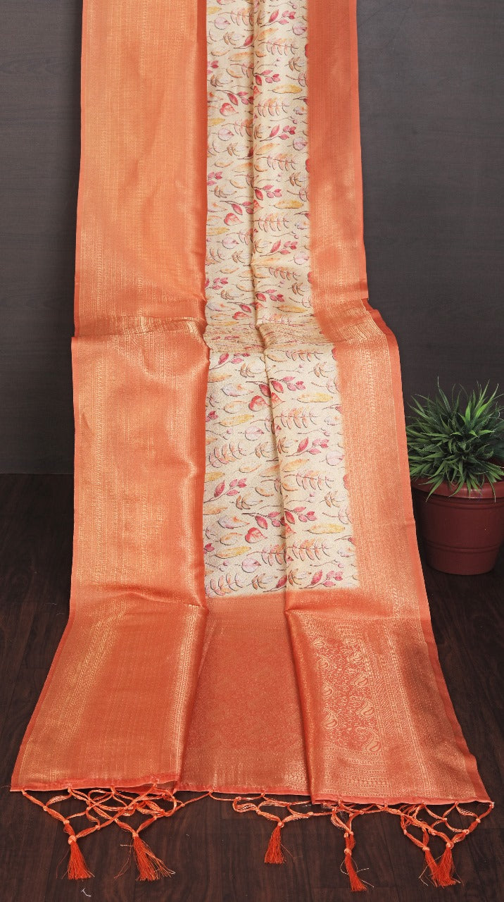 Graceful Orange Soft Silk Saree With Digital Ethnic Design