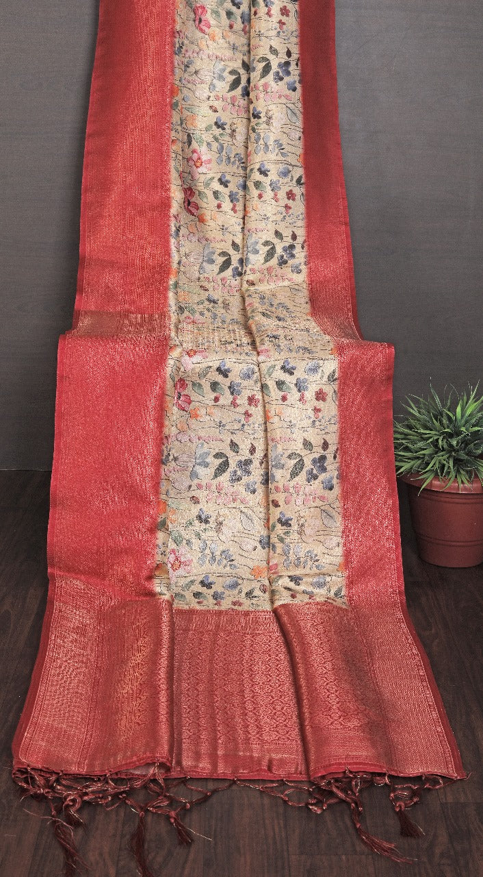 Digital Art Inspired Soft Silk Saree In Red Tone